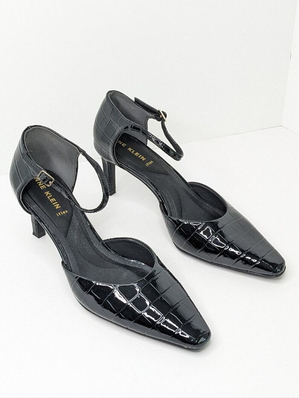Anne Klein Robyn Croc Embossed Ankle Strap Pumps Black Women's 8.5